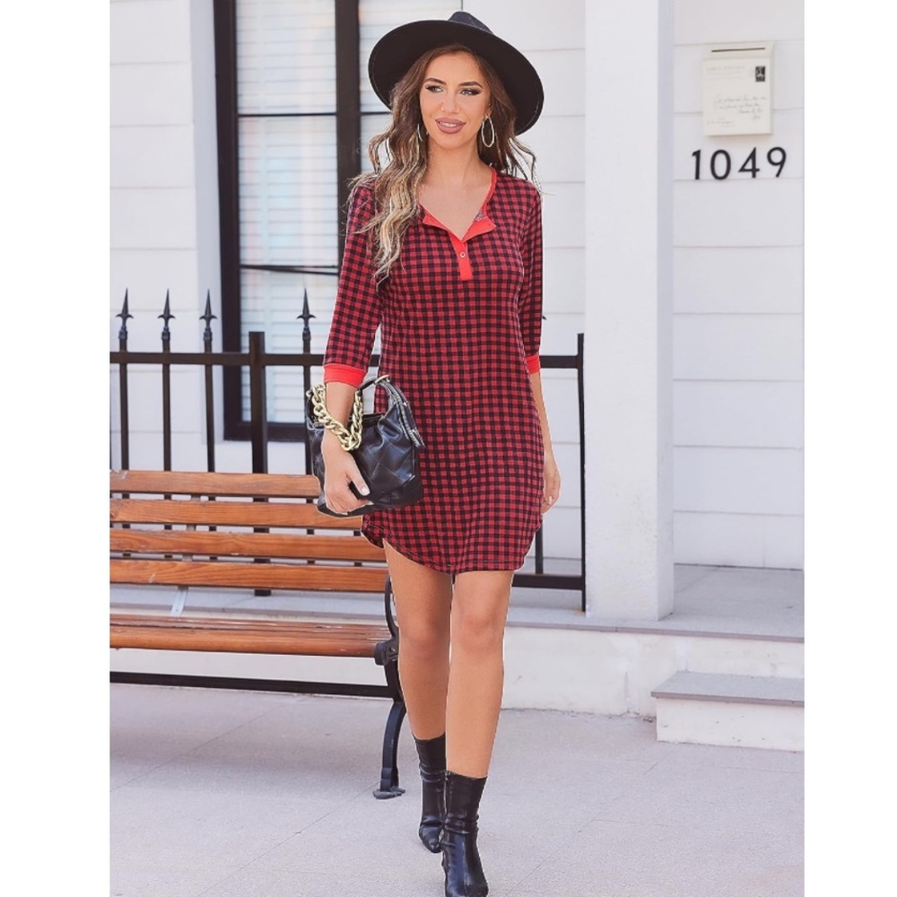 Ekouaer Women’s Plaid 3/4 Sleeve Button Down Sleep Dress/Sleep Shirt/Pajamas|NEW - Picture 5 of 10